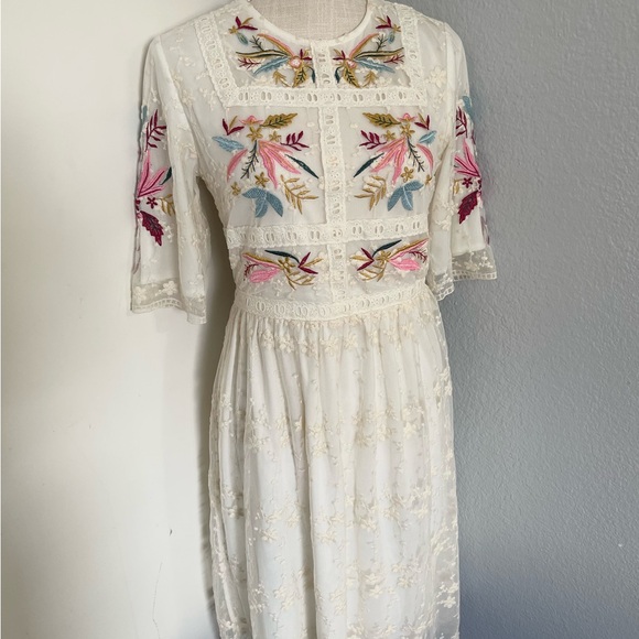 Roolee Dresses & Skirts - Womens Floral Embroidered Midi Ivory Dress